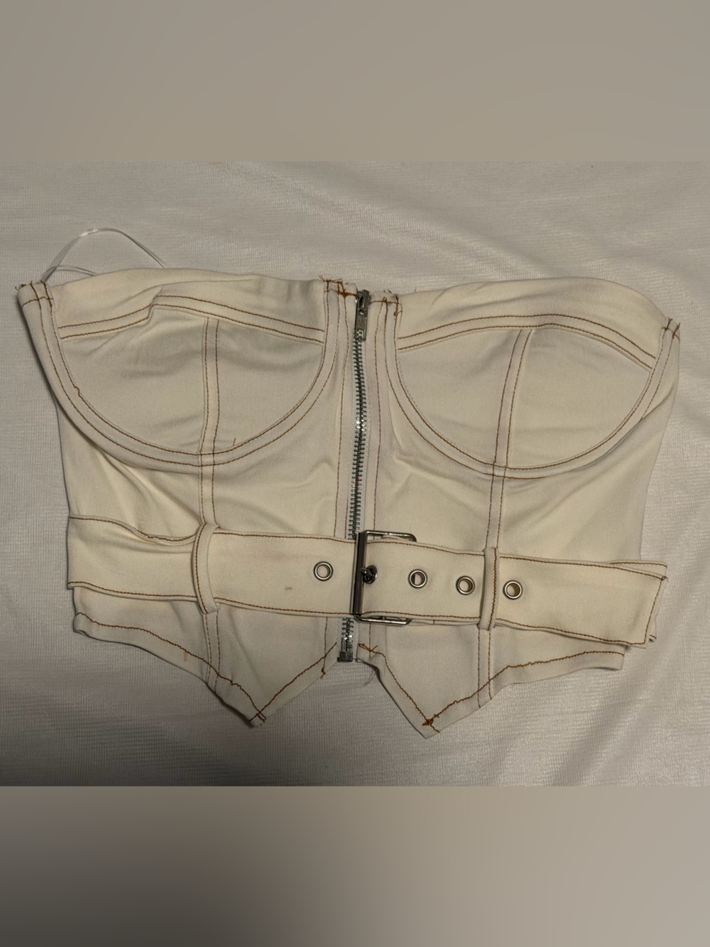 Fashion Nova Cream Corset Belted Zip-Up Jacket